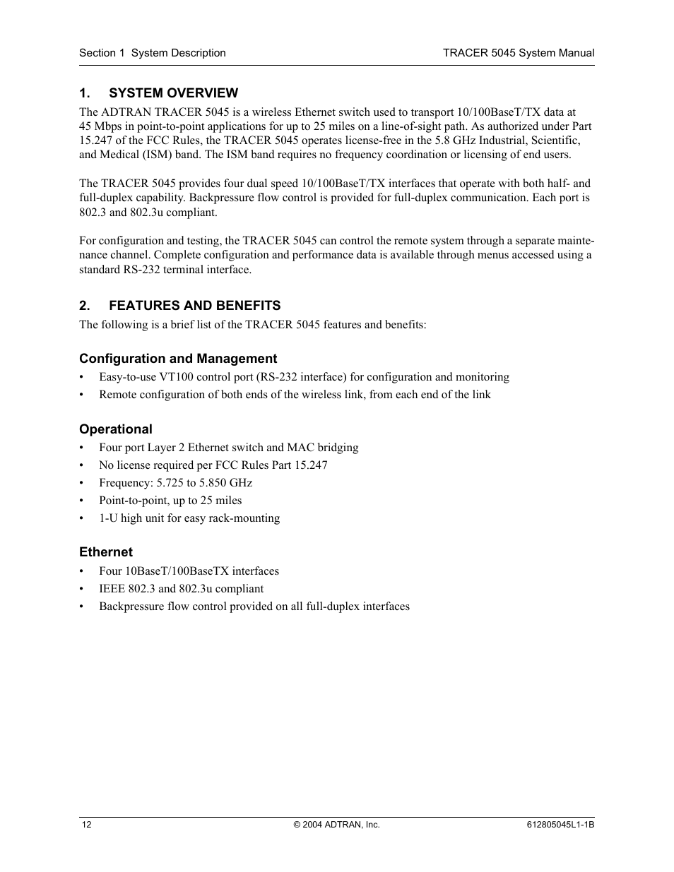 System overview, Features and benefits, Configuration and management | Operational, Ethernet | ADTRAN TRACER 5045 User Manual | Page 12 / 56