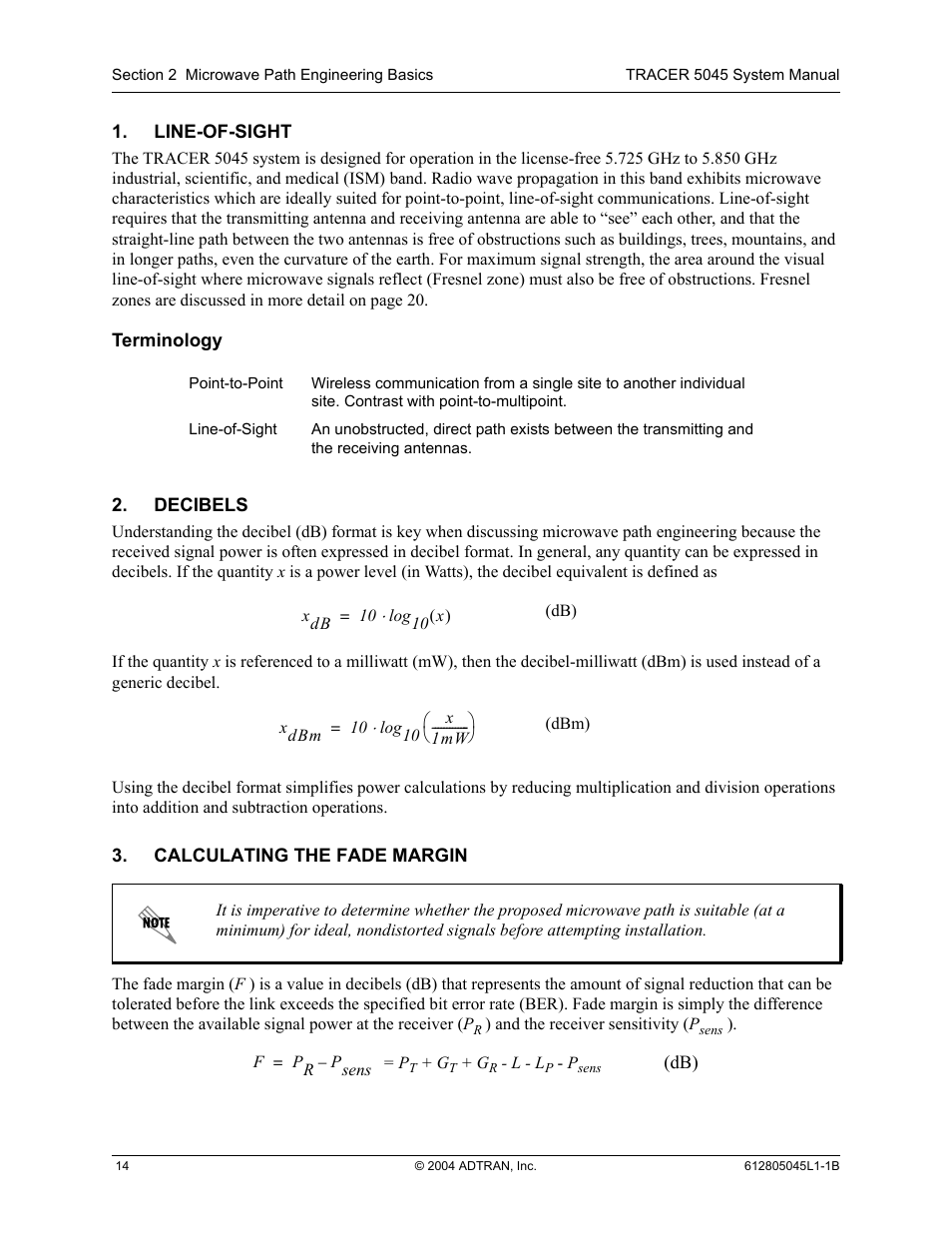 Line-of-sight, Terminology, Decibels | Calculating the fade margin | ADTRAN TRACER 5045 User Manual | Page 14 / 56