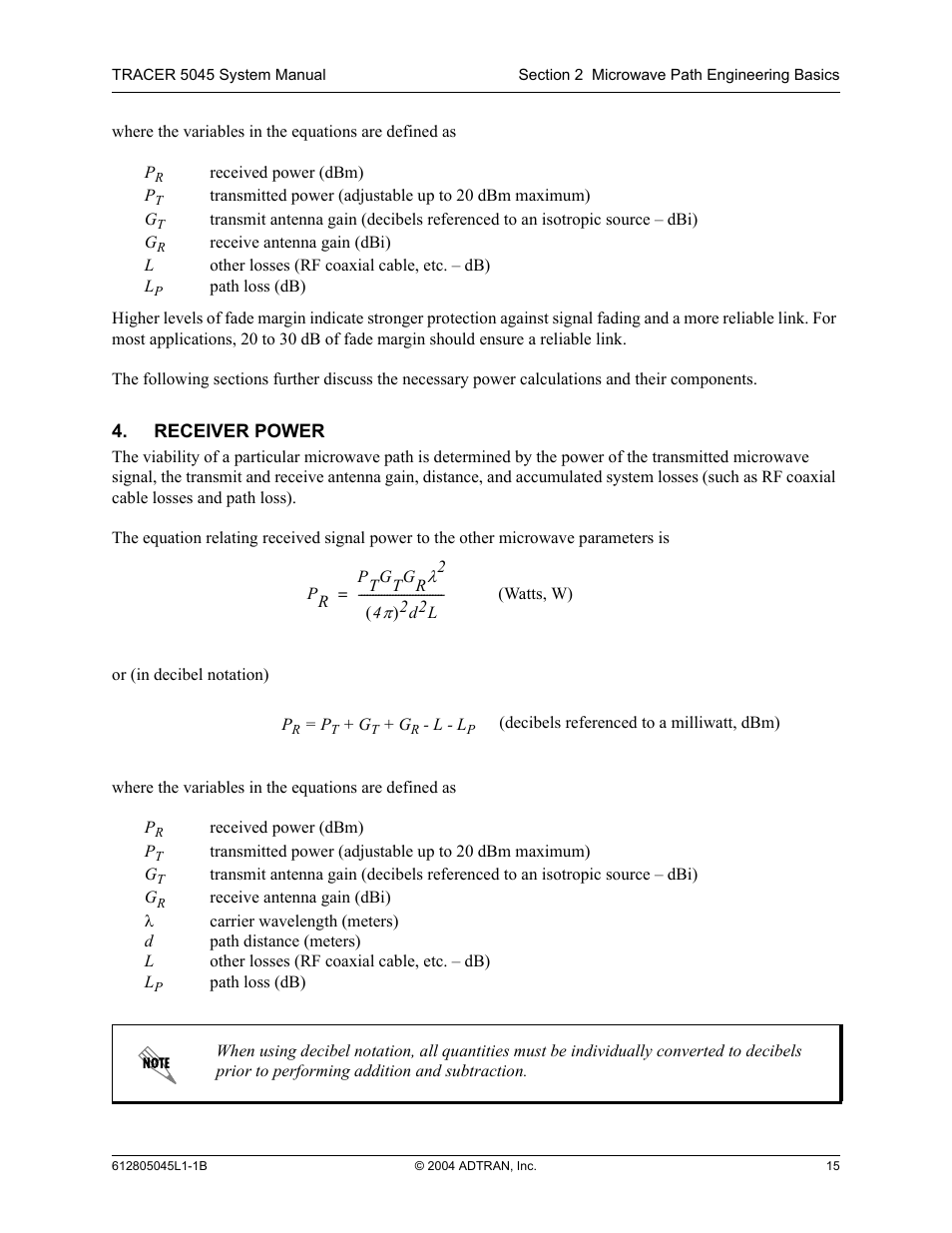 Receiver power | ADTRAN TRACER 5045 User Manual | Page 15 / 56