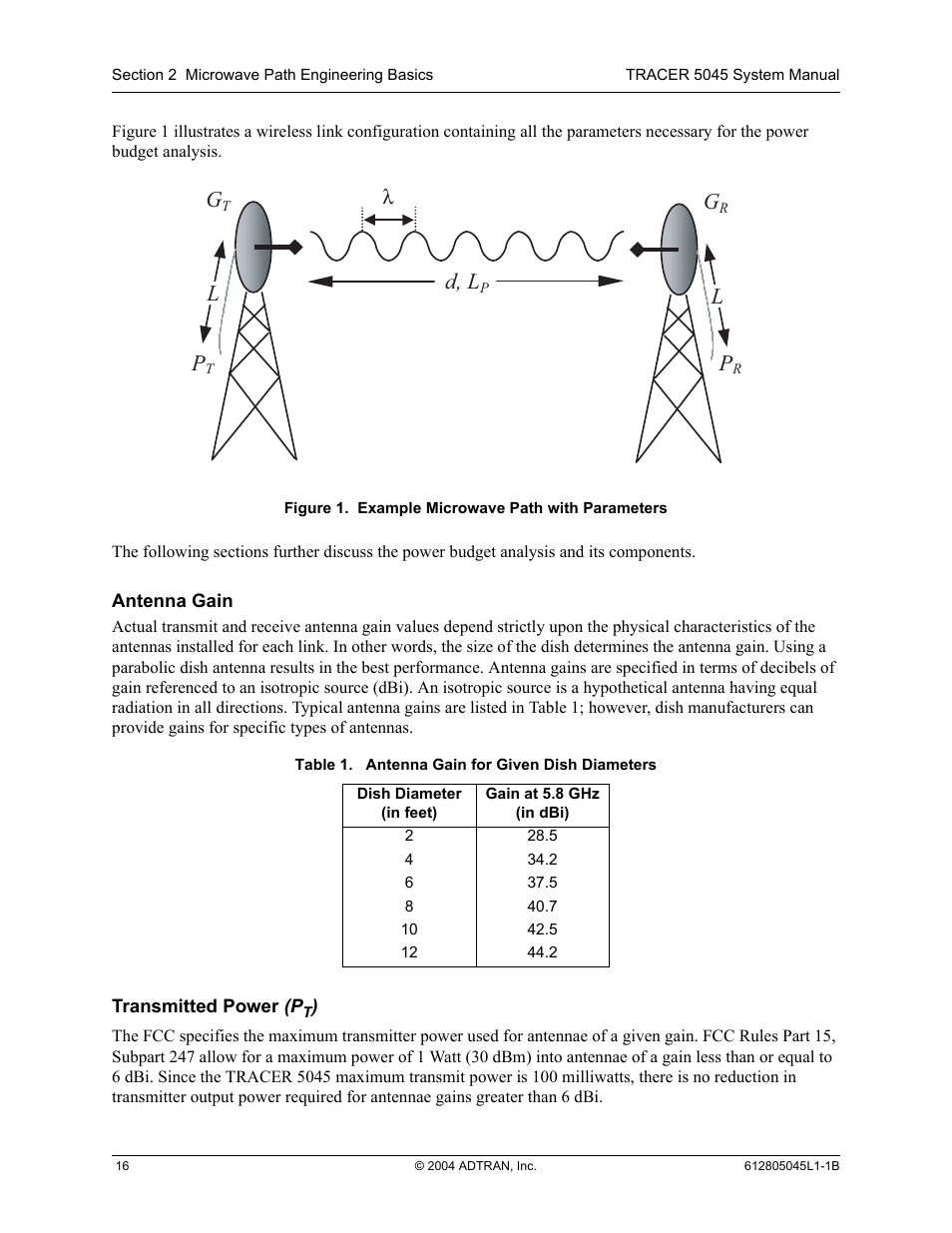 Antenna gain, Transmitted power (pt), Antenna gain transmitted power (pt) | Figure 1, Example microwave path with parameters, Table 1, Antenna gain for given dish diameters, D, l | ADTRAN TRACER 5045 User Manual | Page 16 / 56