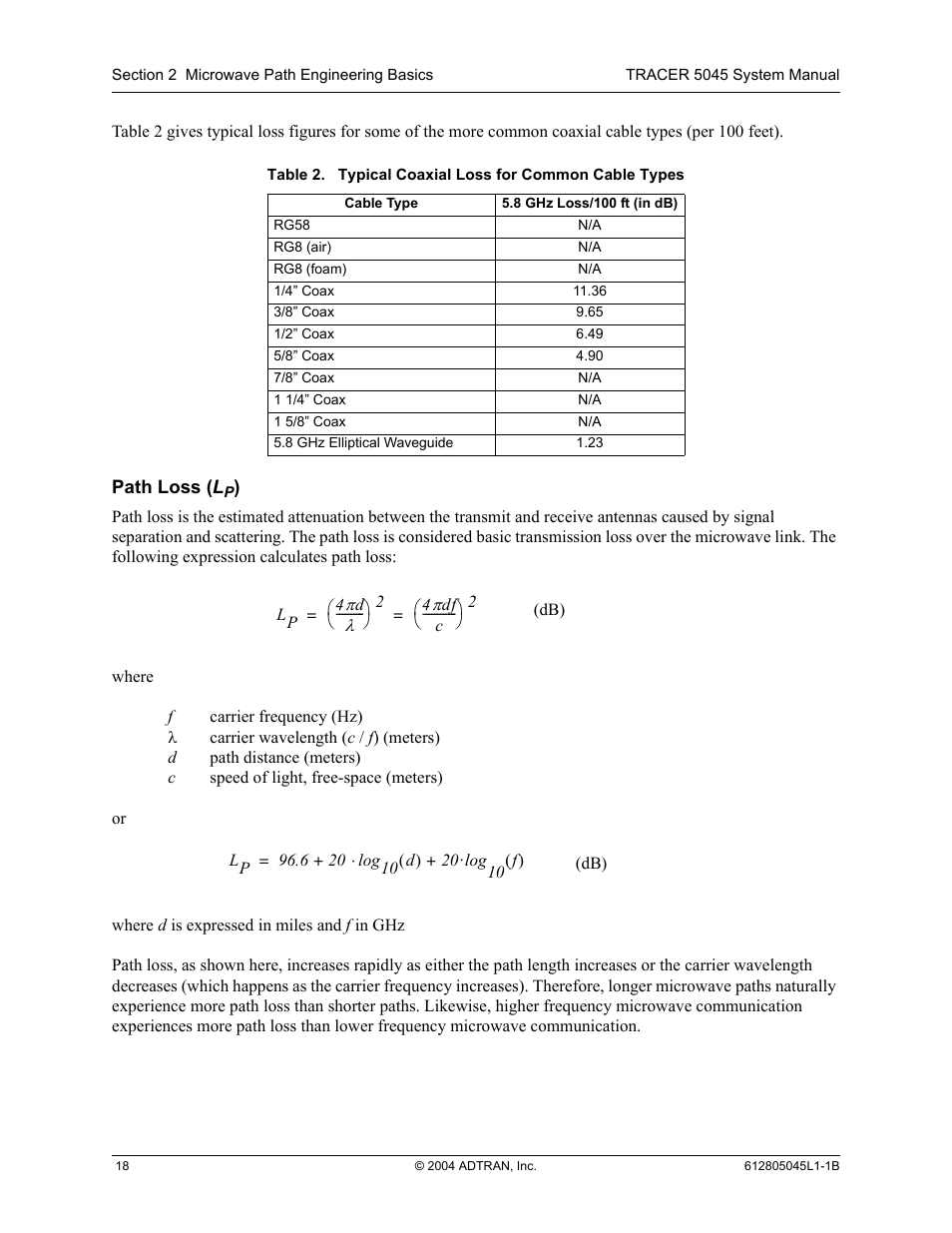 Path loss (lp), Table 2, Typical coaxial loss for common cable types | ADTRAN TRACER 5045 User Manual | Page 18 / 56