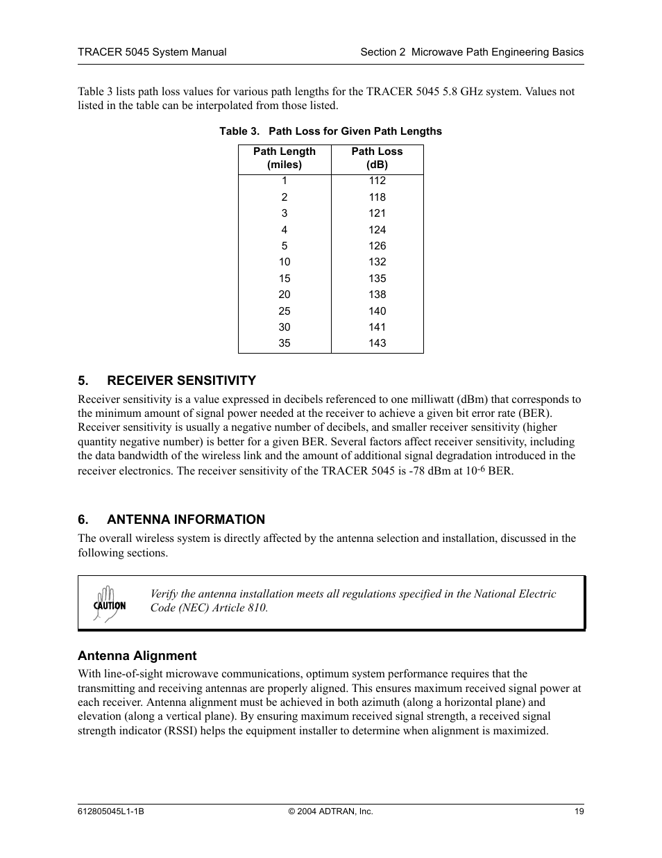 Receiver sensitivity, Antenna information, Antenna alignment | Table 3, Path loss for given path lengths | ADTRAN TRACER 5045 User Manual | Page 19 / 56
