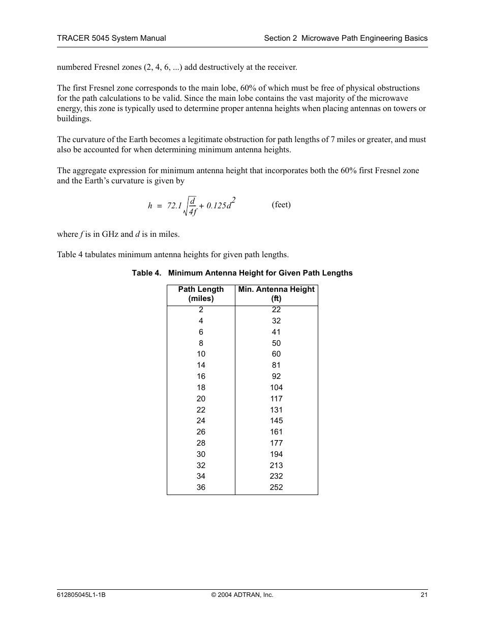 Table 4, Minimum antenna height for given path lengths | ADTRAN TRACER 5045 User Manual | Page 21 / 56