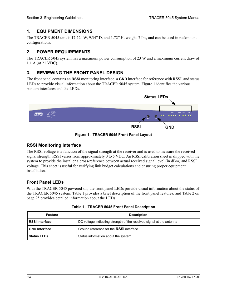 Equipment dimensions, Power requirements, Reviewing the front panel design | Rssi monitoring interface, Front panel leds, Rssi monitoring interface front panel leds, Figure 1, Tracer 5045 front panel layout, Table 1, Tracer 5045 front panel description | ADTRAN TRACER 5045 User Manual | Page 24 / 56