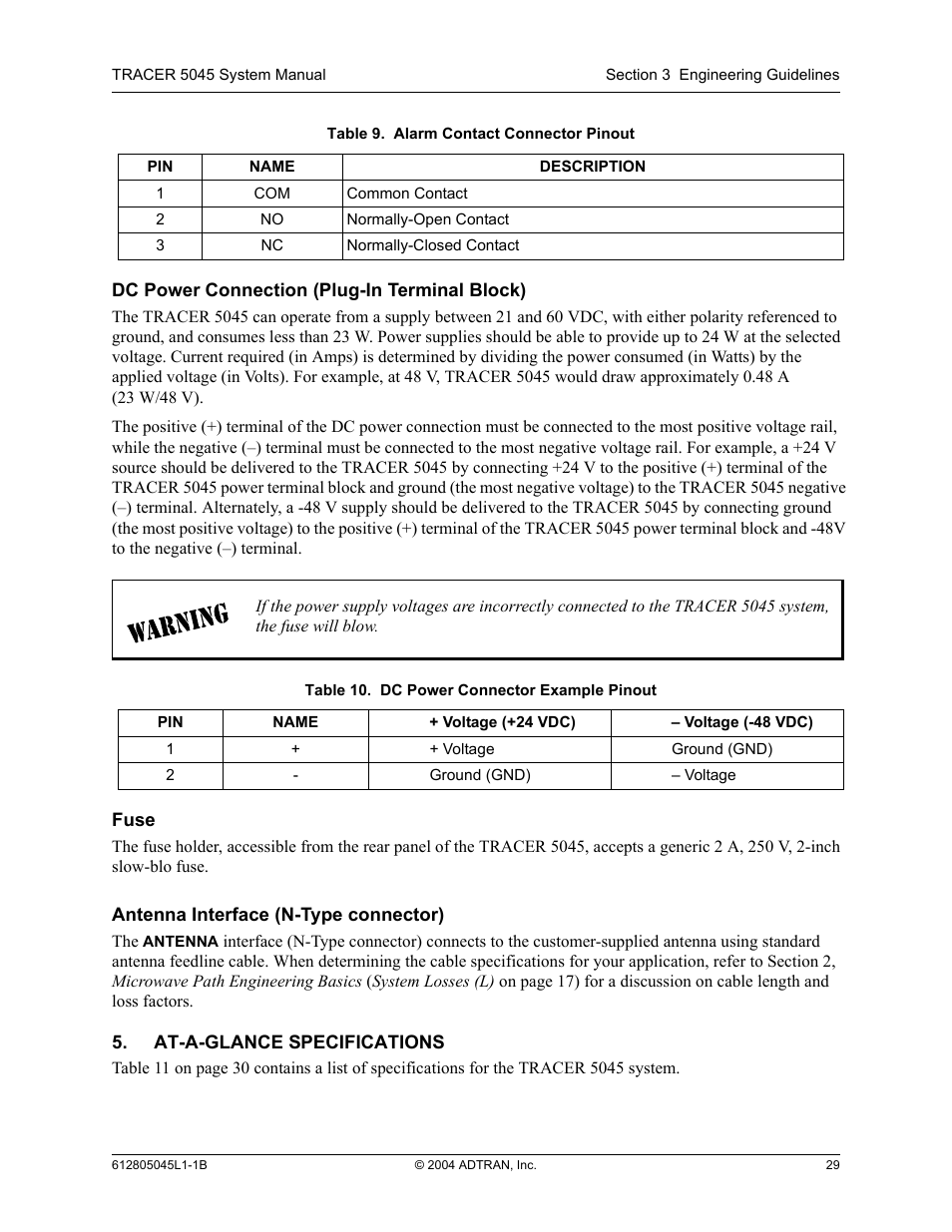 Dc power connection (plug-in terminal block), Fuse, Antenna interface (n-type connector) | At-a-glance specifications, Table 9, Alarm contact connector pinout, Table 10, Dc power connector example pinout | ADTRAN TRACER 5045 User Manual | Page 29 / 56