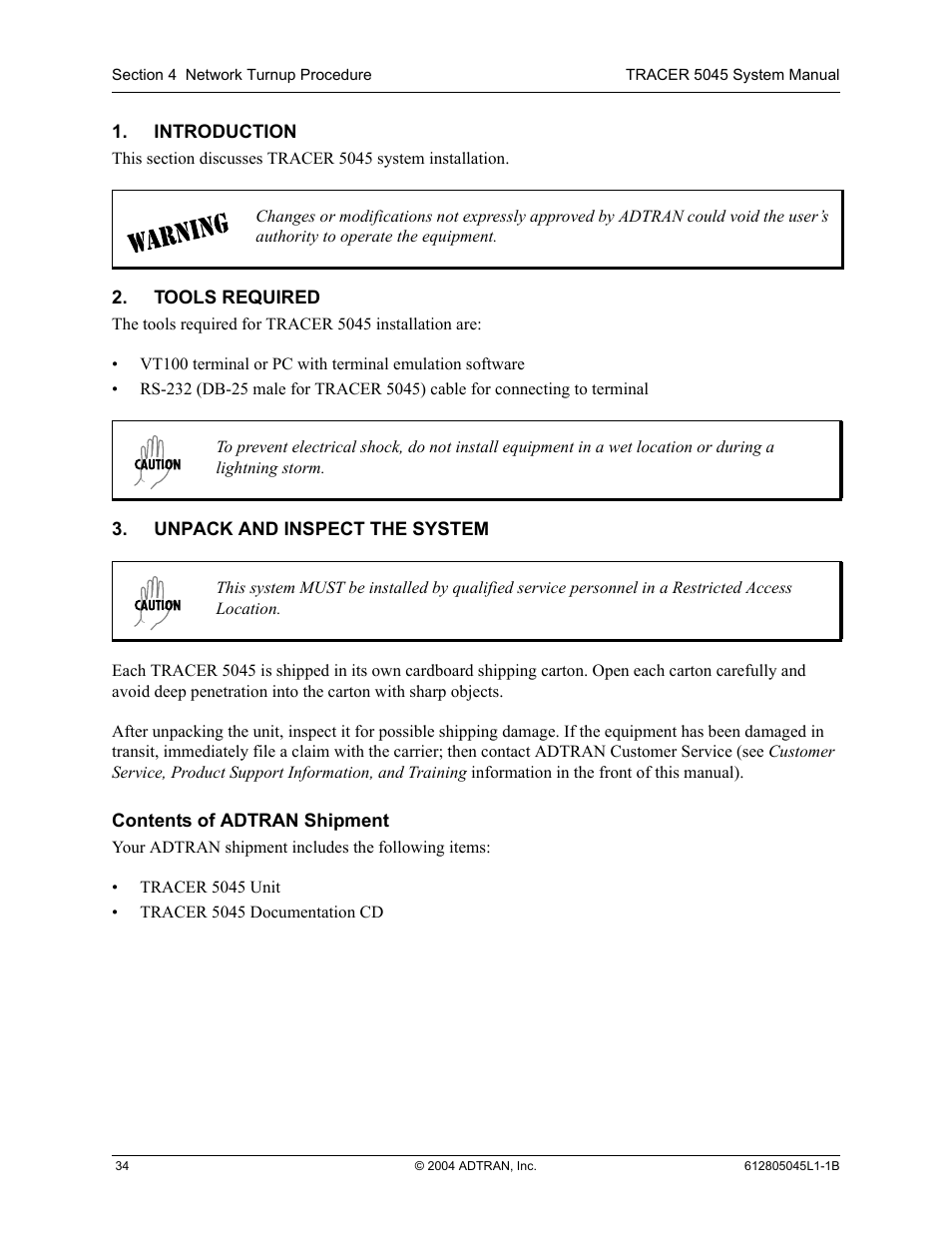 Introduction, Tools required, Unpack and inspect the system | Contents of adtran shipment | ADTRAN TRACER 5045 User Manual | Page 34 / 56