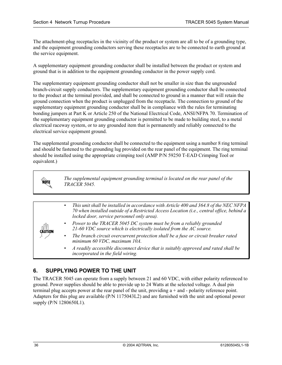 Supplying power to the unit | ADTRAN TRACER 5045 User Manual | Page 36 / 56