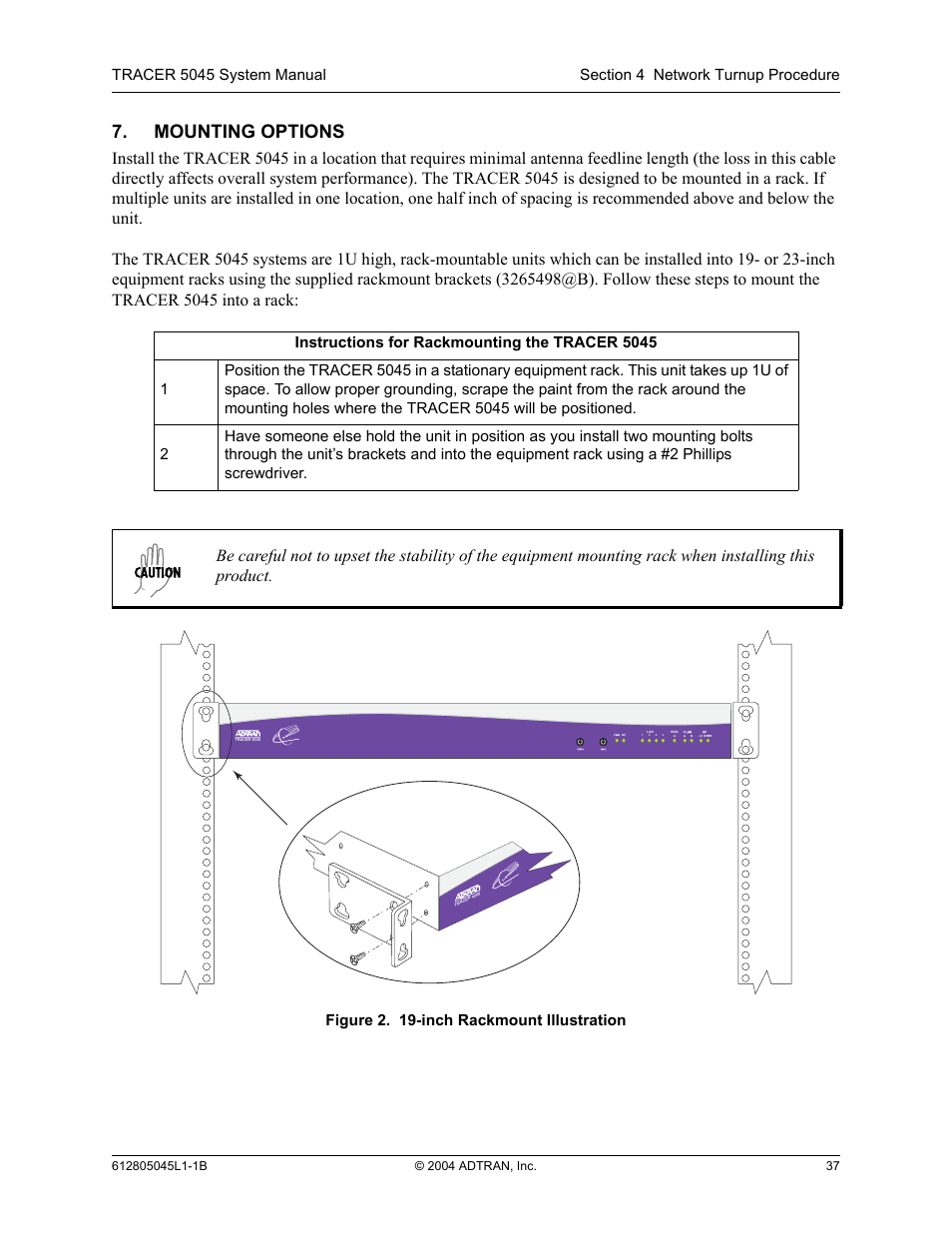 Mounting options, Figure 2, Inch rackmount illustration | ADTRAN TRACER 5045 User Manual | Page 37 / 56