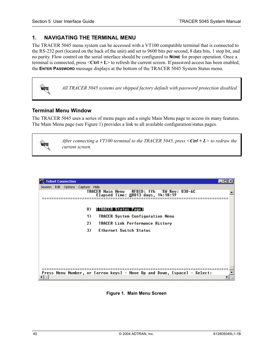 Navigating the terminal menu, Terminal menu window, Figure 1 | Main menu screen | ADTRAN TRACER 5045 User Manual | Page 40 / 56