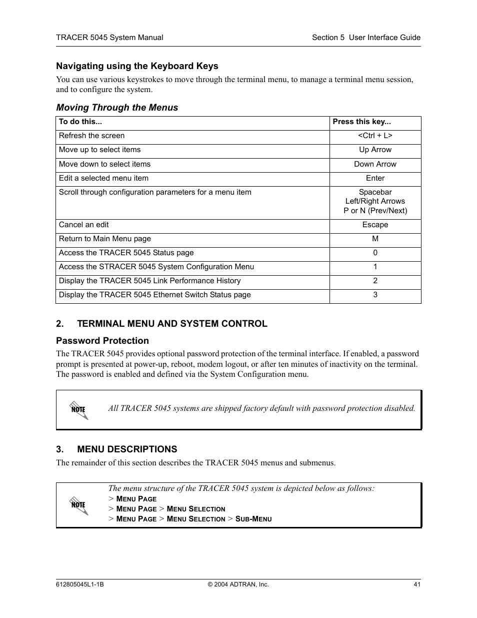 Navigating using the keyboard keys, Terminal menu and system control, Password protection | Menu descriptions | ADTRAN TRACER 5045 User Manual | Page 41 / 56