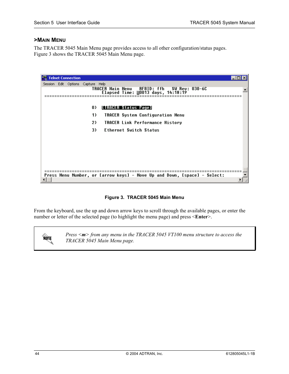 Main menu, Figure 3, Tracer 5045 main menu | ADTRAN TRACER 5045 User Manual | Page 44 / 56
