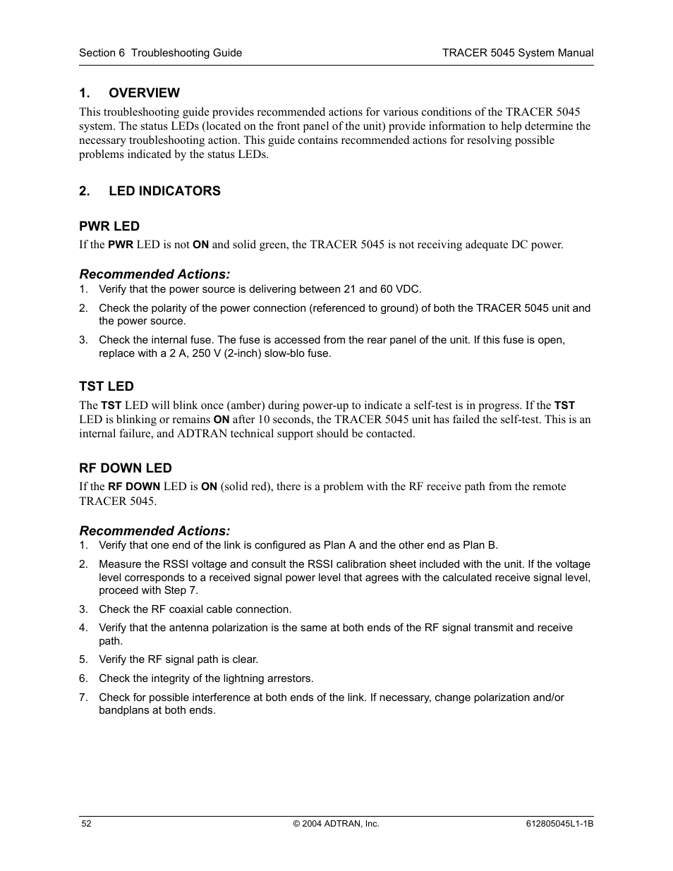 Overview, Led indicators, Pwr led | Tst led, Rf down led, Pwr led tst led rf down led | ADTRAN TRACER 5045 User Manual | Page 52 / 56