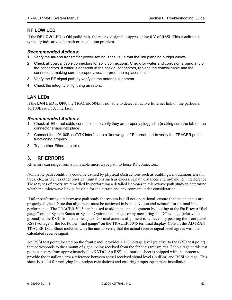 Rf low led, Lan leds, Rf errors | Rf low led lan leds | ADTRAN TRACER 5045 User Manual | Page 53 / 56