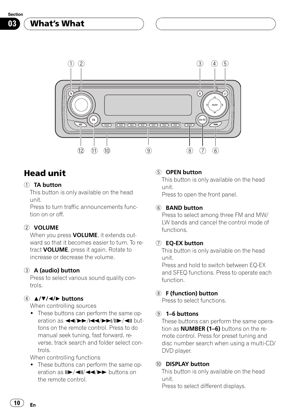 Whats what head unit 10, Head unit, Whats what | Pioneer DVH-P5000MP User Manual | Page 10 / 204