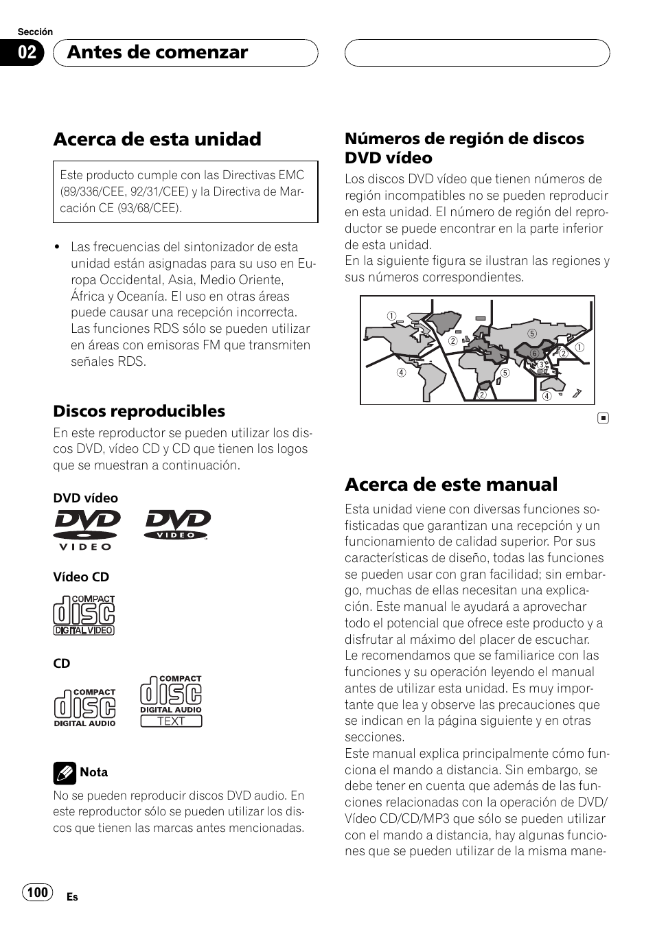 Discos reproducibles 100, Números de región de discos dvd vídeo 100, Acerca de esta unidad | Acerca de este manual, Antes de comenzar | Pioneer DVH-P5000MP User Manual | Page 100 / 204