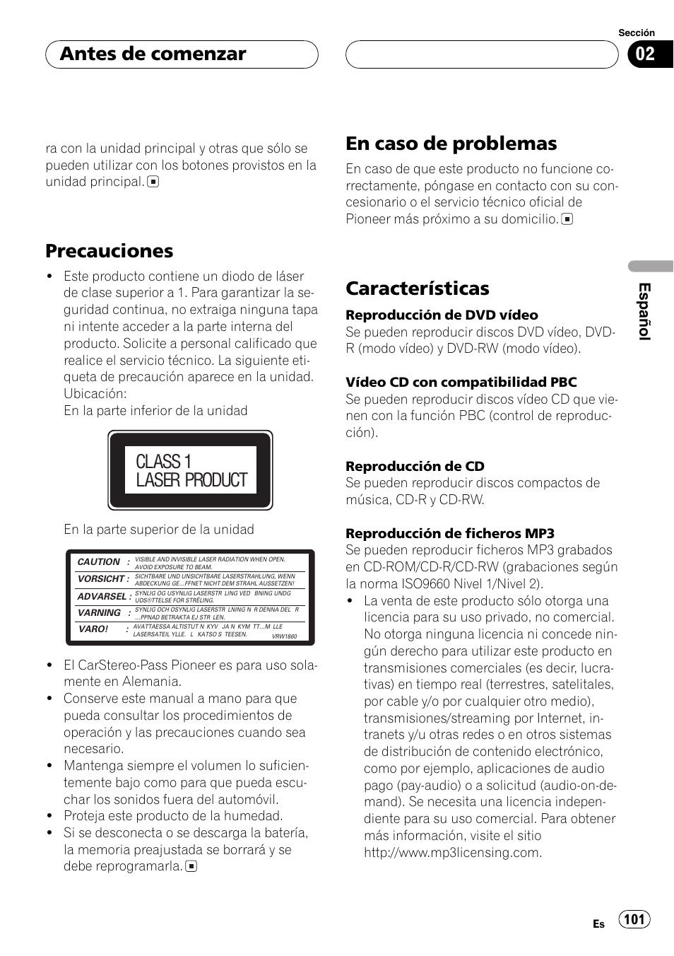 Precauciones, En caso de problemas, Características | Antes de comenzar, Class 1 laser product | Pioneer DVH-P5000MP User Manual | Page 101 / 204