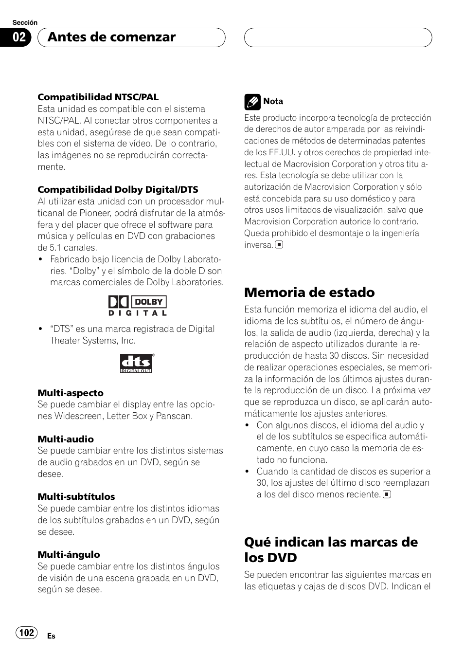 Qué indican las marcas de los dvd, Antes de comenzar | Pioneer DVH-P5000MP User Manual | Page 102 / 204