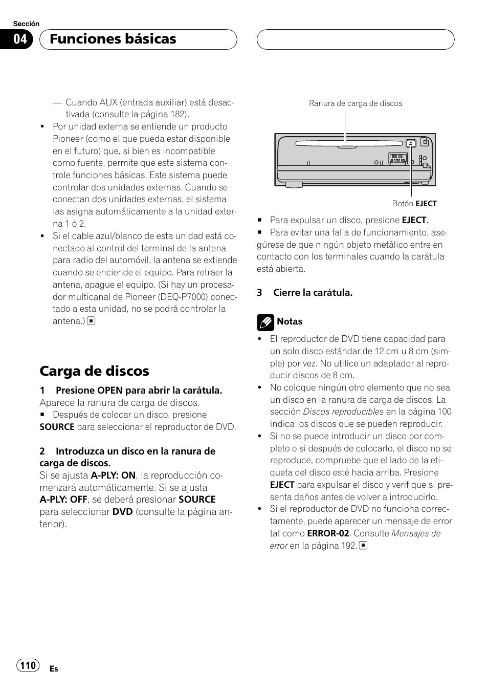 Carga de discos 110, Carga de discos, Funciones básicas | Pioneer DVH-P5000MP User Manual | Page 110 / 204