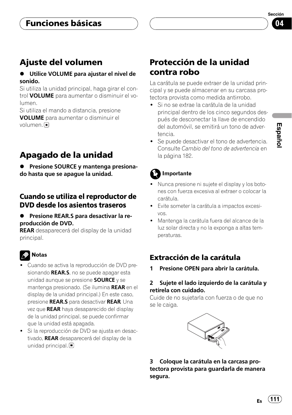 Ajuste del volumen, Apagado de la unidad, Protección de la unidad contra robo | Funciones básicas | Pioneer DVH-P5000MP User Manual | Page 111 / 204