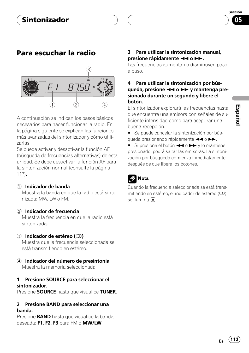 Sintonizador para escuchar la radio 113, Para escuchar la radio, Sintonizador | Pioneer DVH-P5000MP User Manual | Page 113 / 204