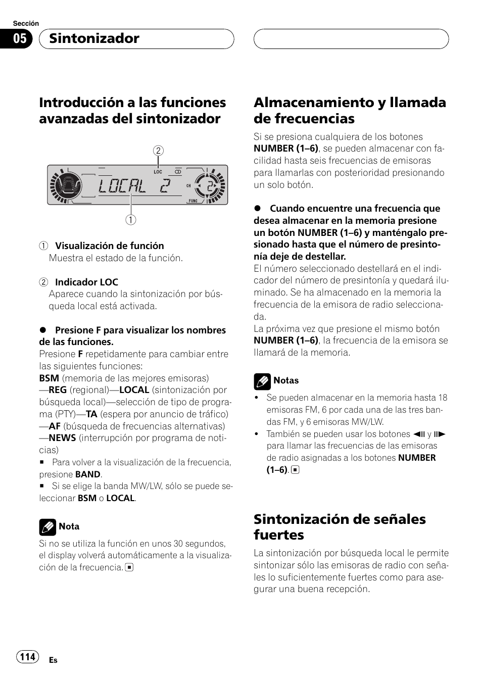 Introducción a las funciones avanzadas del, Sintonizador 114, Almacenamiento y llamada de | Frecuencias 114, Sintonización de señales fuertes 114, Almacenamiento y llamada de frecuencias, Sintonización de señales fuertes, Sintonizador | Pioneer DVH-P5000MP User Manual | Page 114 / 204