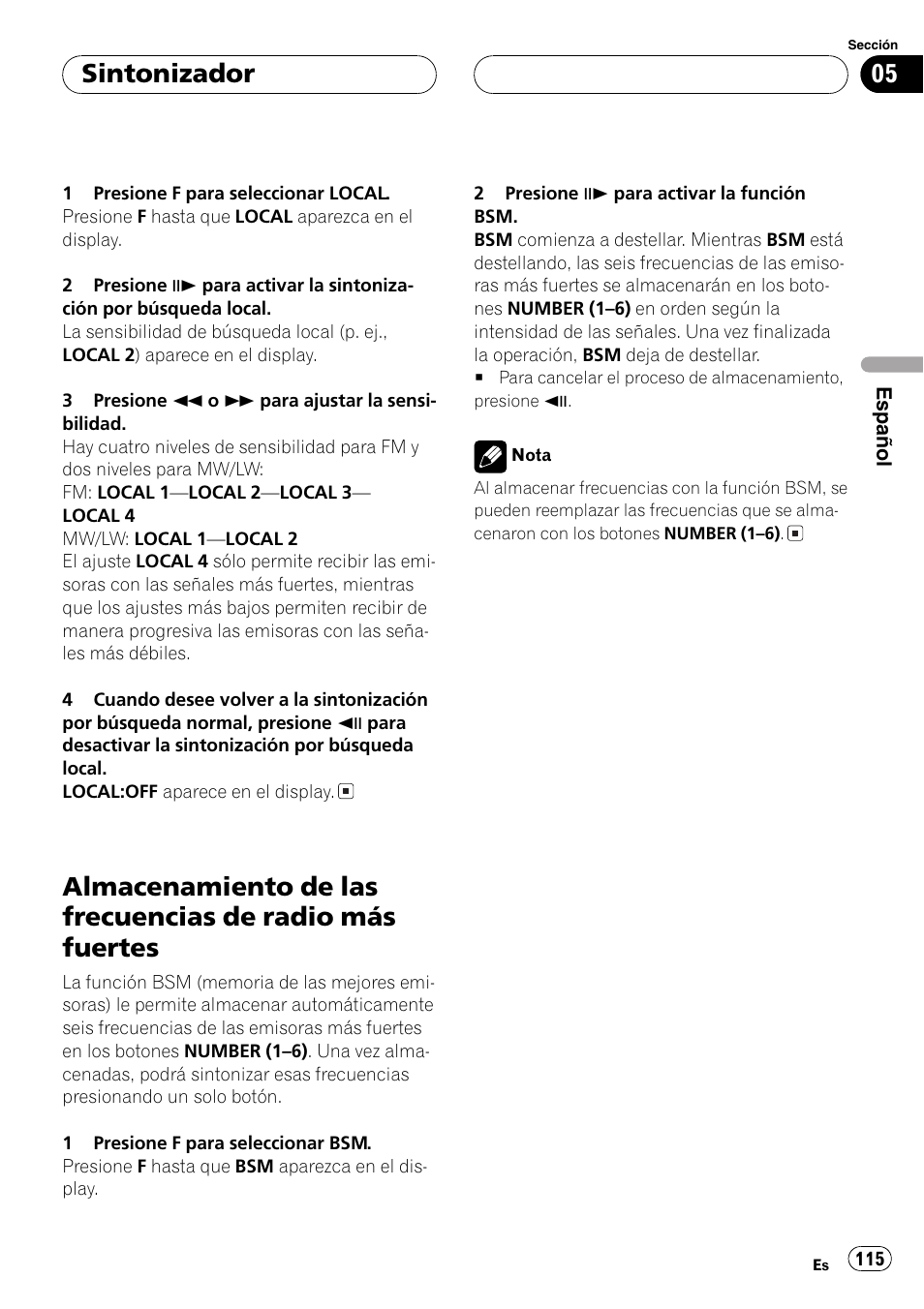 Almacenamiento de las frecuencias de radio, Más fuertes 115, Sintonizador | Pioneer DVH-P5000MP User Manual | Page 115 / 204
