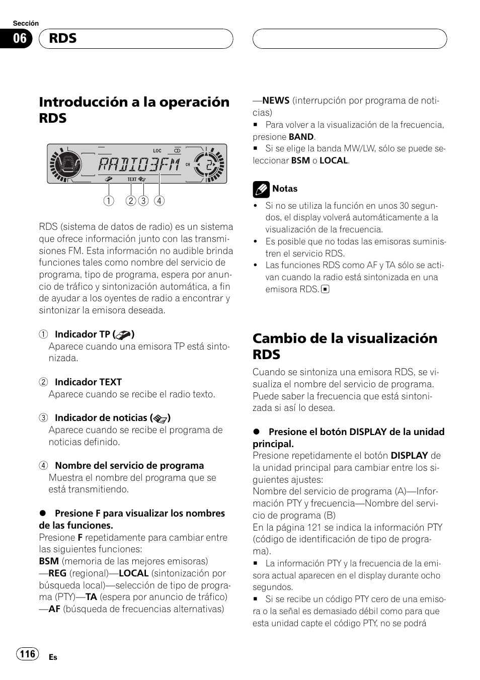 Introducción a la operación rds, Cambio de la visualización rds | Pioneer DVH-P5000MP User Manual | Page 116 / 204
