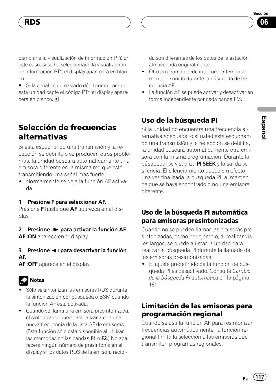 Selección de frecuencias alternativas 117, Selección de frecuencias alternativas, Uso de la búsqueda pi | Pioneer DVH-P5000MP User Manual | Page 117 / 204