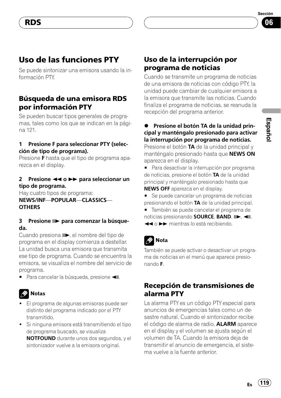 Uso de las funciones pty 119, Uso de las funciones pty, Búsqueda de una emisora rds por información pty | Uso de la interrupción por programa de noticias, Recepción de transmisiones de alarma pty | Pioneer DVH-P5000MP User Manual | Page 119 / 204