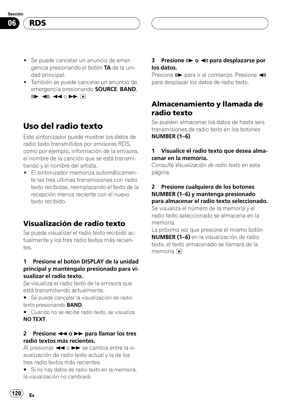 Uso del radio texto 120, Uso del radio texto, Visualización de radio texto | Almacenamiento y llamada de radio texto | Pioneer DVH-P5000MP User Manual | Page 120 / 204
