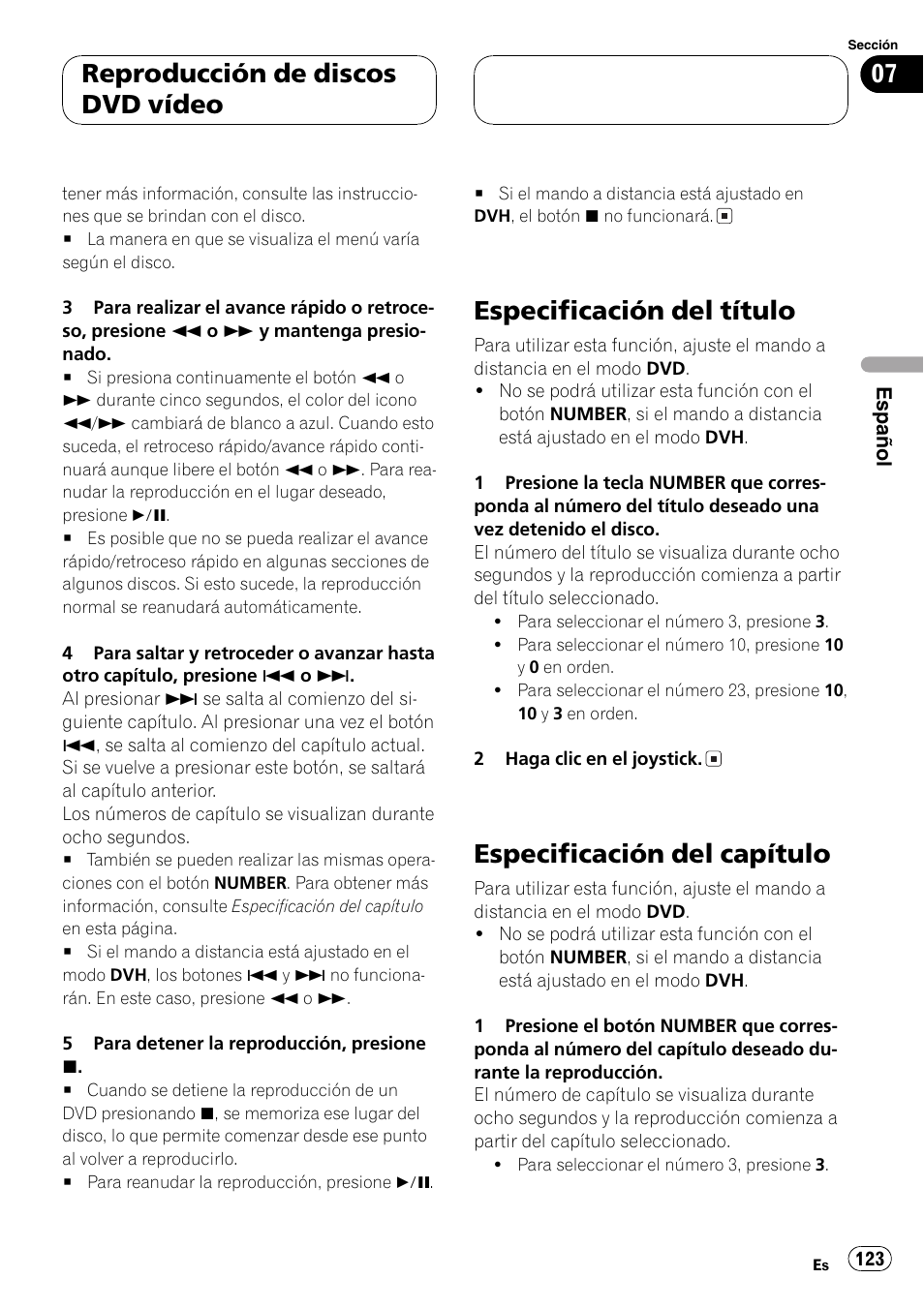 Especificación del título, Especificación del capítulo, Reproducción de discos dvd vídeo | Pioneer DVH-P5000MP User Manual | Page 123 / 204