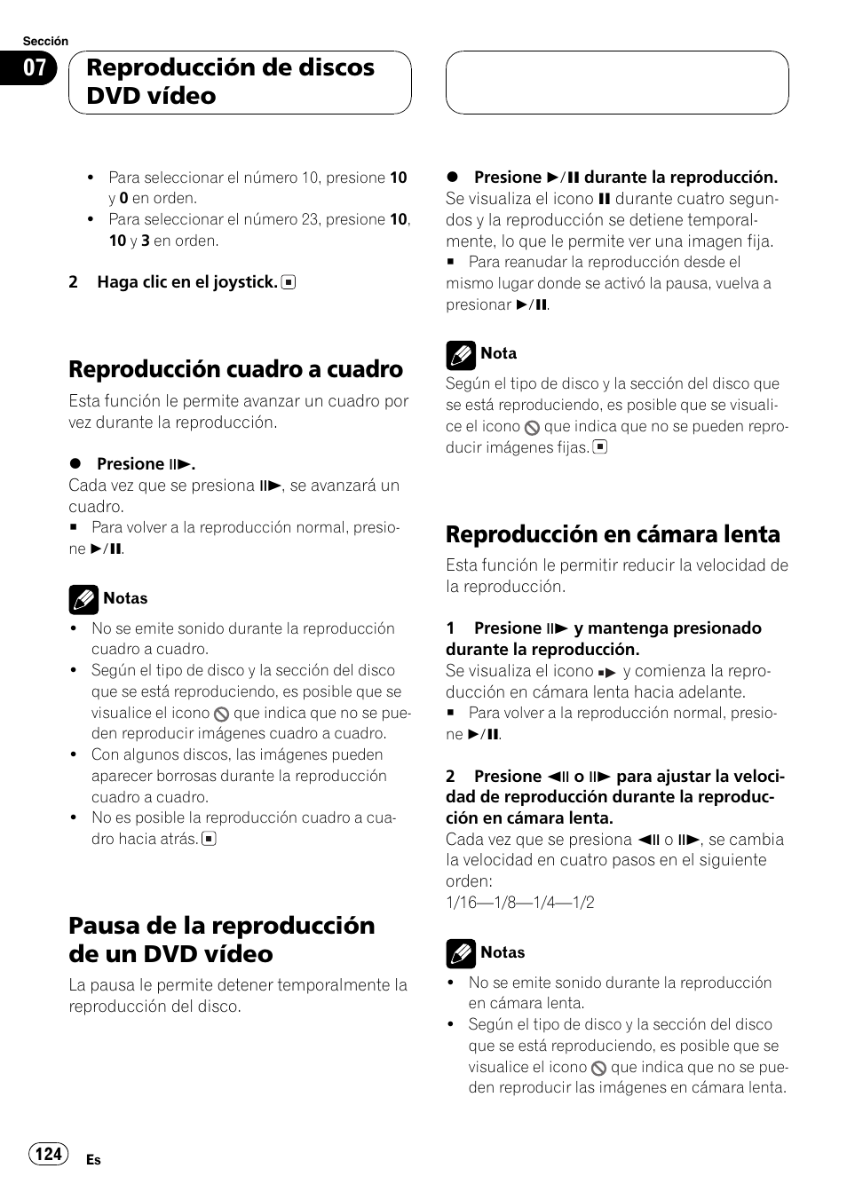 Vídeo 124, Reproducción en cámara lenta 124, Reproducción cuadro a cuadro | Pausa de la reproducción de un dvd vídeo, Reproducción en cámara lenta, Reproducción de discos dvd vídeo | Pioneer DVH-P5000MP User Manual | Page 124 / 204