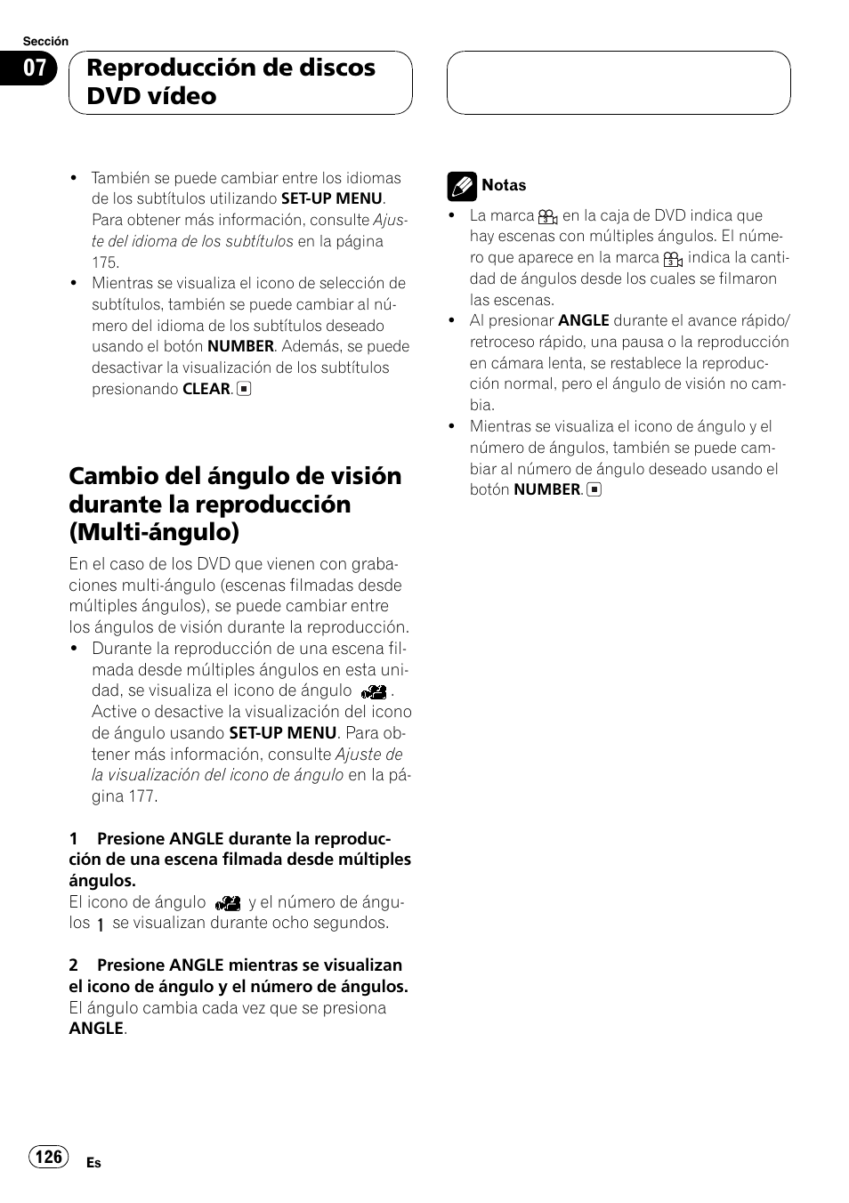 Cambio del ángulo de visión durante la, Reproducción (multi-ángulo) 126, Reproducción de discos dvd vídeo | Pioneer DVH-P5000MP User Manual | Page 126 / 204