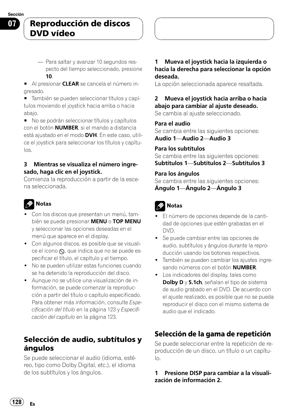 Reproducción de discos dvd vídeo, Selección de audio, subtítulos y ángulos, Selección de la gama de repetición | Pioneer DVH-P5000MP User Manual | Page 128 / 204
