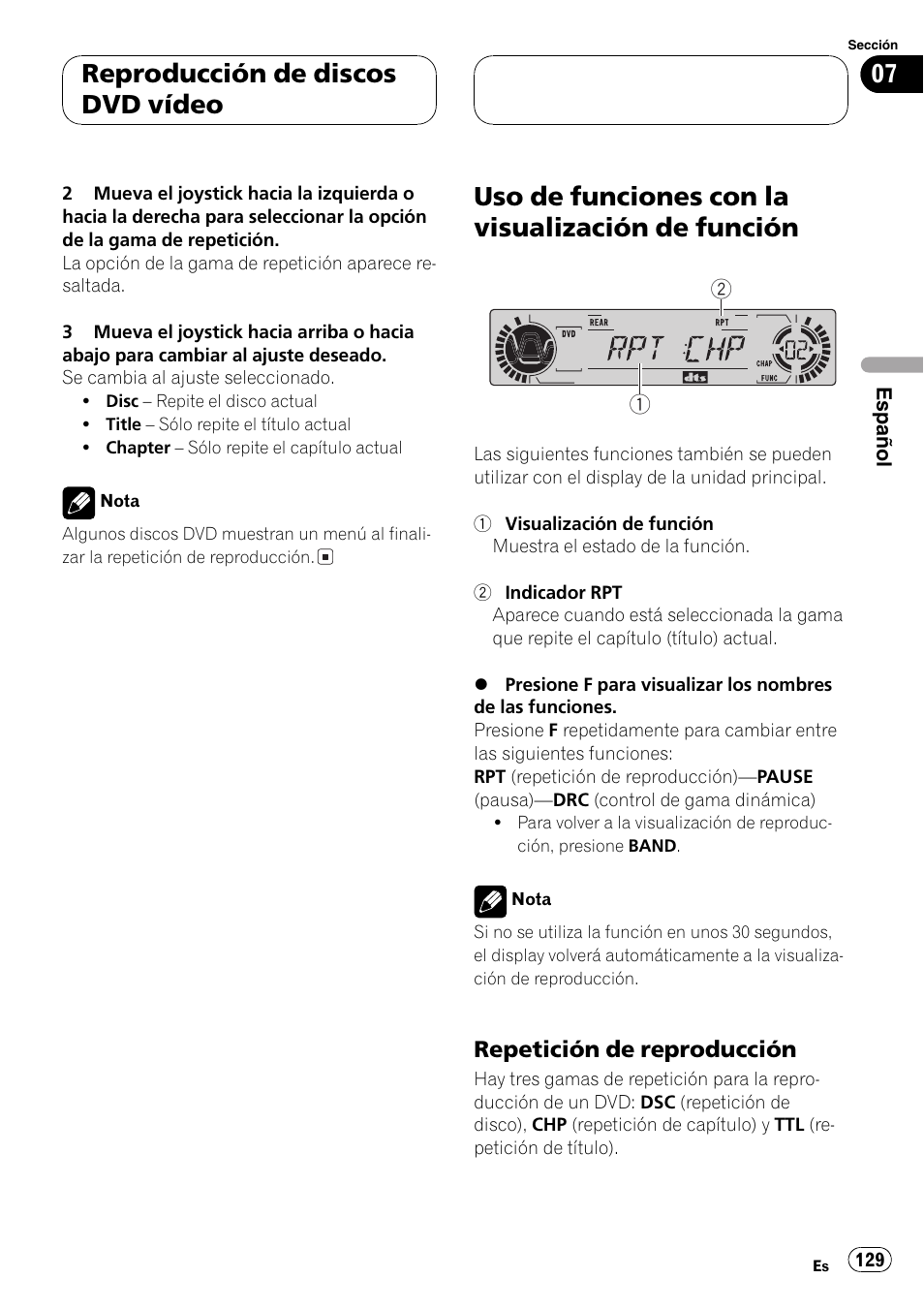 Uso de funciones con la visualización de, Función 129, Uso de funciones con la visualización de función | Reproducción de discos dvd vídeo | Pioneer DVH-P5000MP User Manual | Page 129 / 204