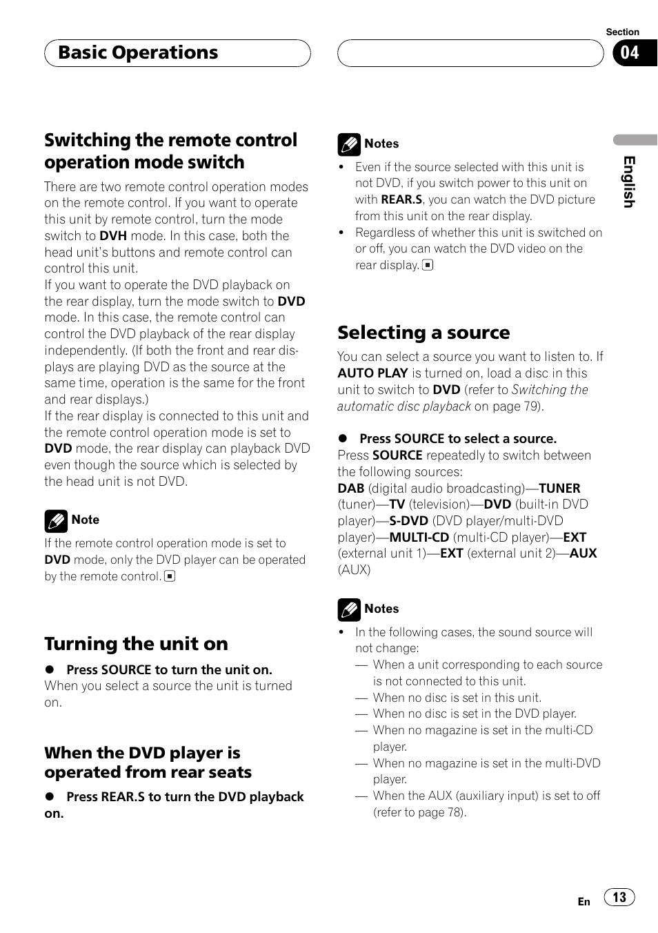 Switch 13, Turning the unit on 13 selecting a source 13, Switching the remote control operation mode switch | Turning the unit on, Selecting a source, Basic operations, When the dvd player is operated from rear seats | Pioneer DVH-P5000MP User Manual | Page 13 / 204