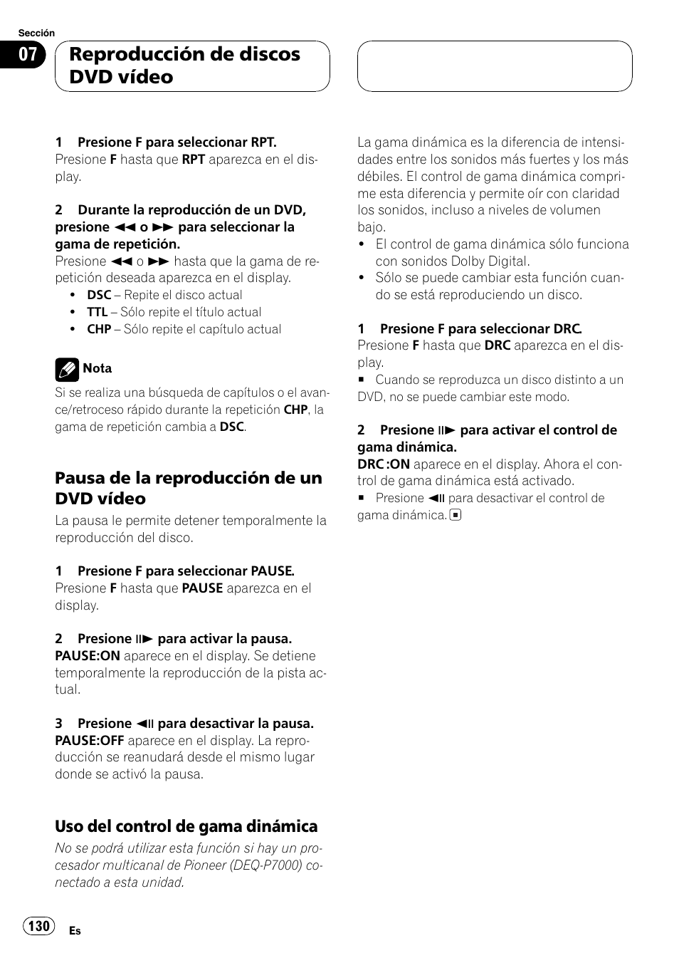 Reproducción de discos dvd vídeo, Pausa de la reproducción de un dvd vídeo, Uso del control de gama dinámica | Pioneer DVH-P5000MP User Manual | Page 130 / 204