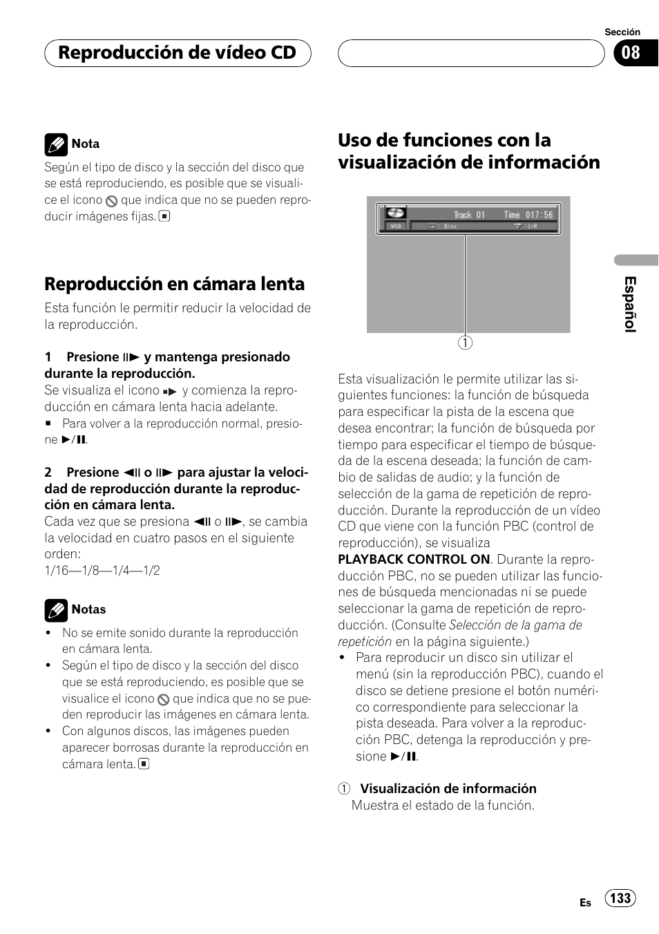 Información 133, Reproducción en cámara lenta, Reproducción de vídeo cd | Pioneer DVH-P5000MP User Manual | Page 133 / 204