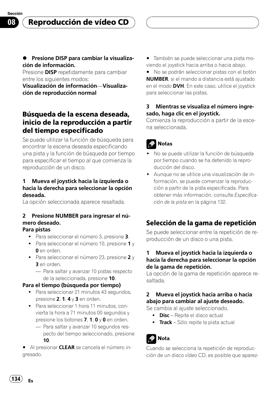 Reproducción de vídeo cd, Selección de la gama de repetición | Pioneer DVH-P5000MP User Manual | Page 134 / 204