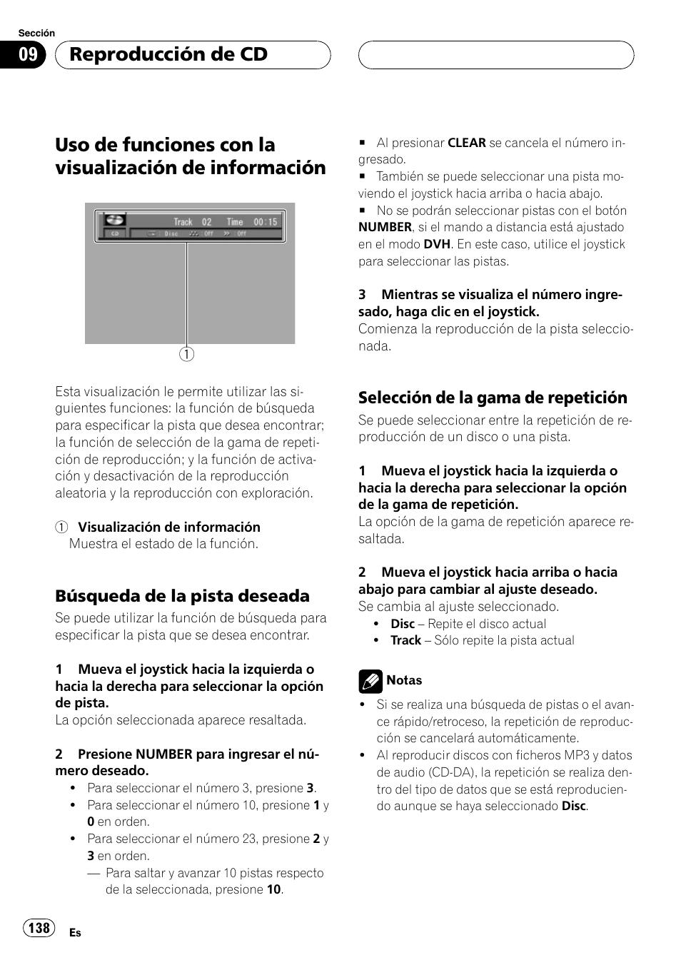 Uso de funciones con la visualización de, Información 138, Reproducción de cd | Búsqueda de la pista deseada, Selección de la gama de repetición | Pioneer DVH-P5000MP User Manual | Page 138 / 204