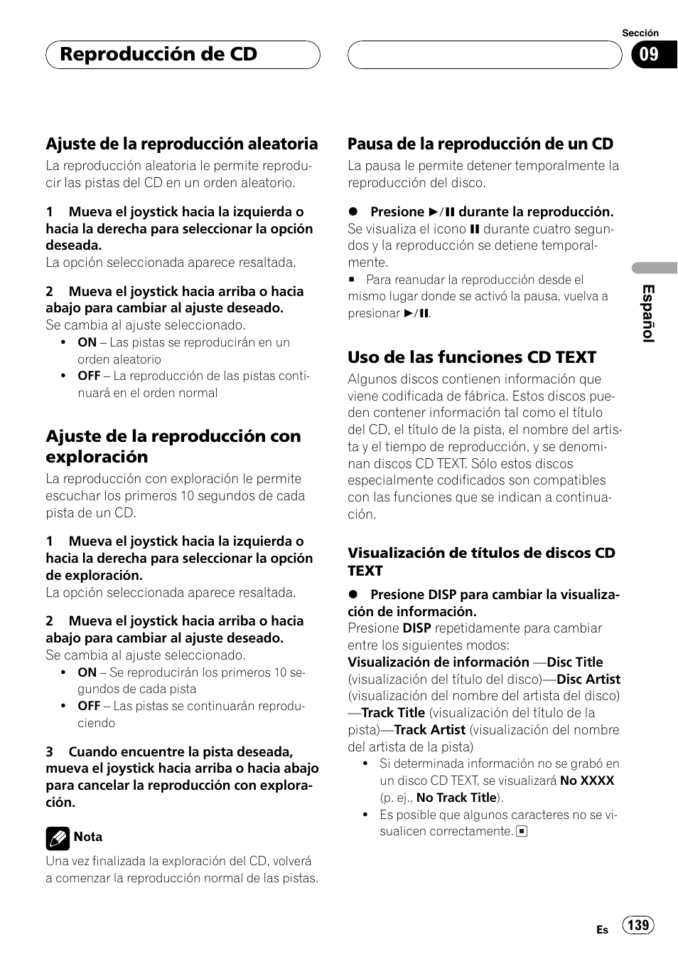 Reproducción de cd, Ajuste de la reproducción aleatoria, Ajuste de la reproducción con exploración | Pausa de la reproducción de un cd, Uso de las funciones cd text | Pioneer DVH-P5000MP User Manual | Page 139 / 204