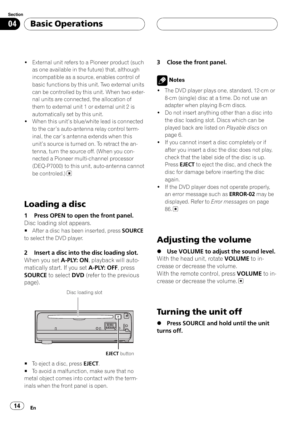 Loading a disc, Adjusting the volume, Turning the unit off | Basic operations | Pioneer DVH-P5000MP User Manual | Page 14 / 204