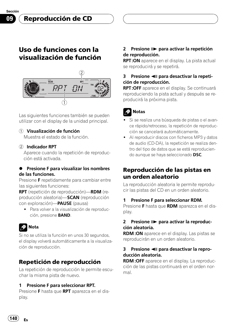 Uso de funciones con la visualización de, Función 140, Uso de funciones con la visualización de función | Reproducción de cd, Repetición de reproducción, Reproducción de las pistas en un orden aleatorio | Pioneer DVH-P5000MP User Manual | Page 140 / 204