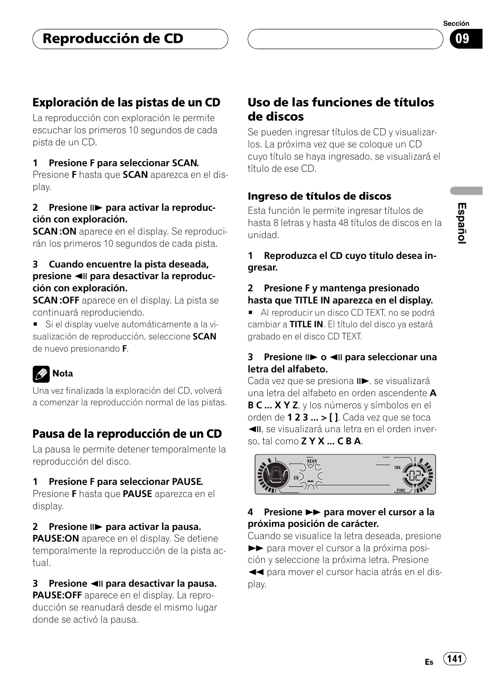 Reproducción de cd, Exploración de las pistas de un cd, Pausa de la reproducción de un cd | Uso de las funciones de títulos de discos | Pioneer DVH-P5000MP User Manual | Page 141 / 204