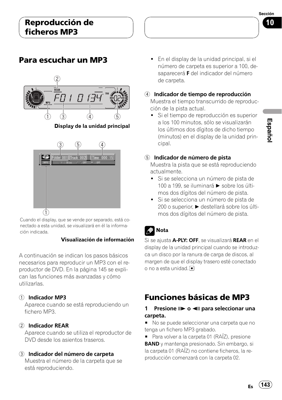 Para escuchar un mp3, Funciones básicas de mp3, Reproducción de ficheros mp3 | Pioneer DVH-P5000MP User Manual | Page 143 / 204