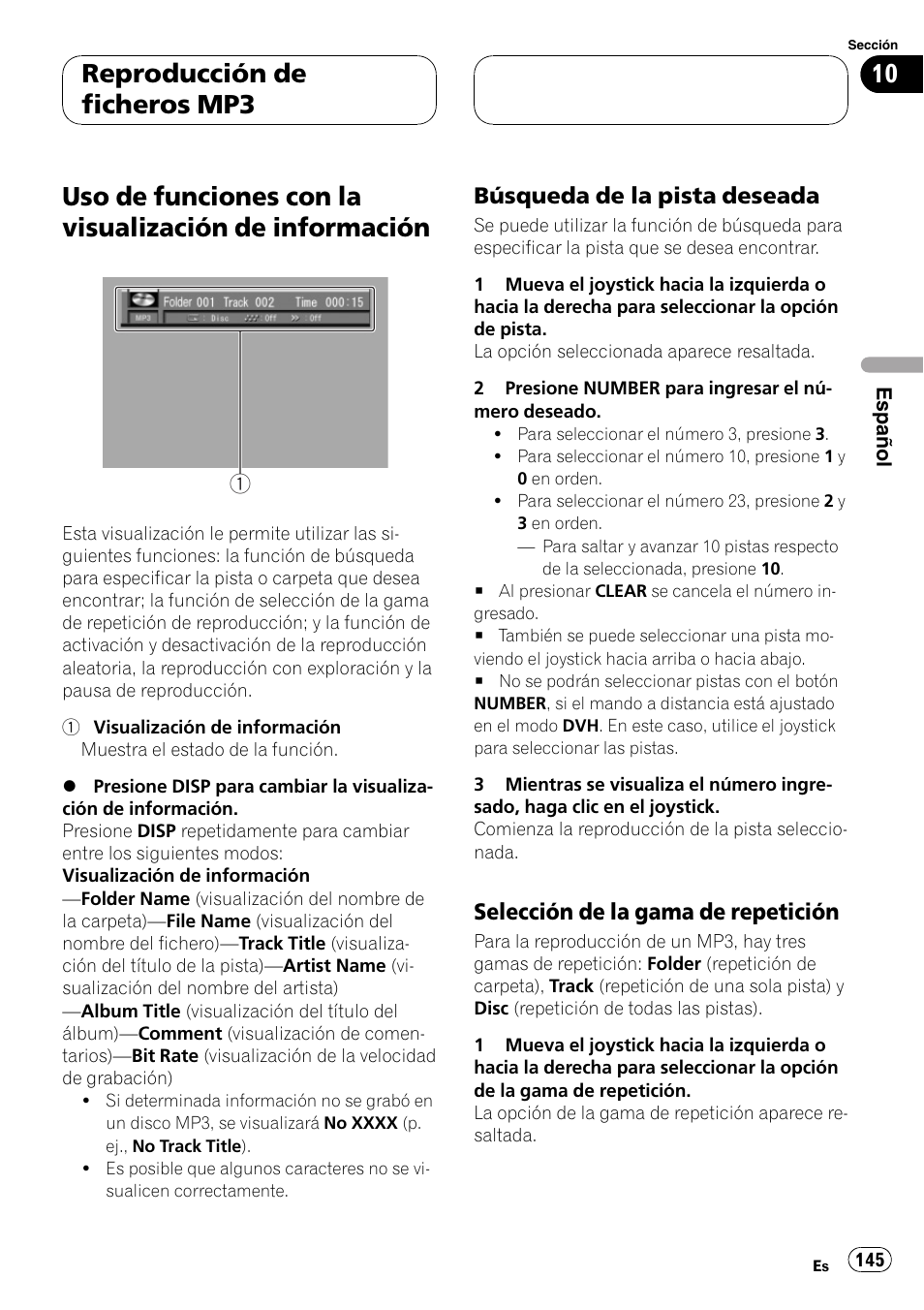 Uso de funciones con la visualización de, Información 145, Reproducción de ficheros mp3 | Búsqueda de la pista deseada, Selección de la gama de repetición | Pioneer DVH-P5000MP User Manual | Page 145 / 204