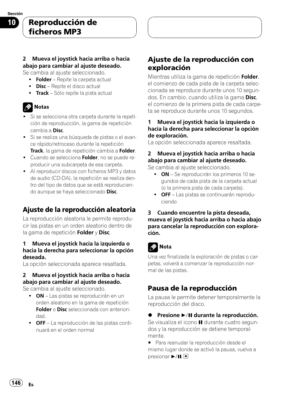 Reproducción de ficheros mp3, Ajuste de la reproducción aleatoria, Ajuste de la reproducción con exploración | Pausa de la reproducción | Pioneer DVH-P5000MP User Manual | Page 146 / 204
