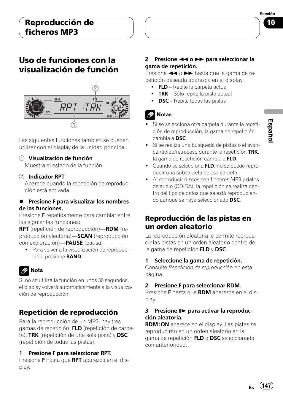 Uso de funciones con la visualización de, Función 147, Uso de funciones con la visualización de función | Reproducción de ficheros mp3, Repetición de reproducción, Reproducción de las pistas en un orden aleatorio | Pioneer DVH-P5000MP User Manual | Page 147 / 204