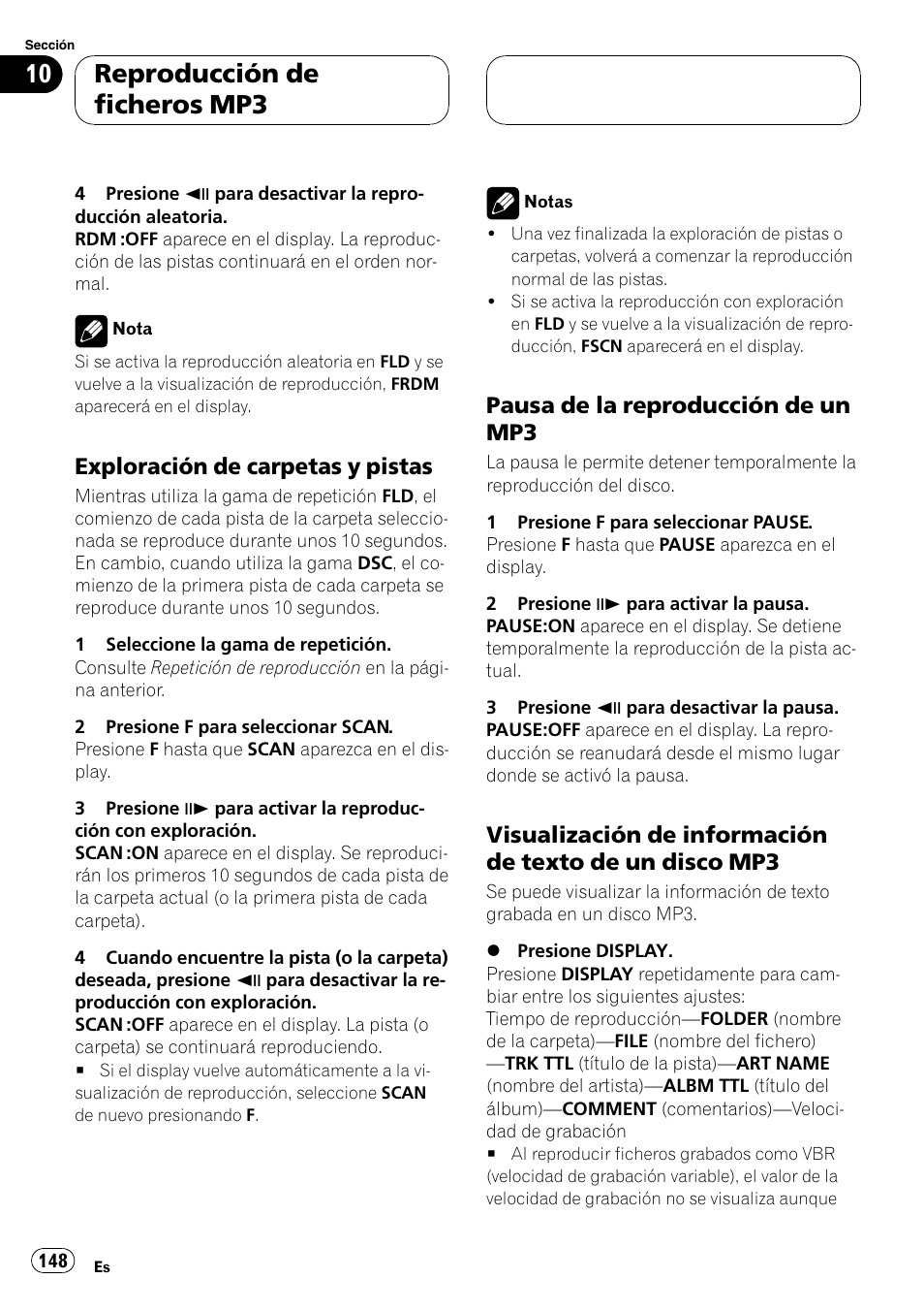 Reproducción de ficheros mp3, Exploración de carpetas y pistas, Pausa de la reproducción de un mp3 | Pioneer DVH-P5000MP User Manual | Page 148 / 204