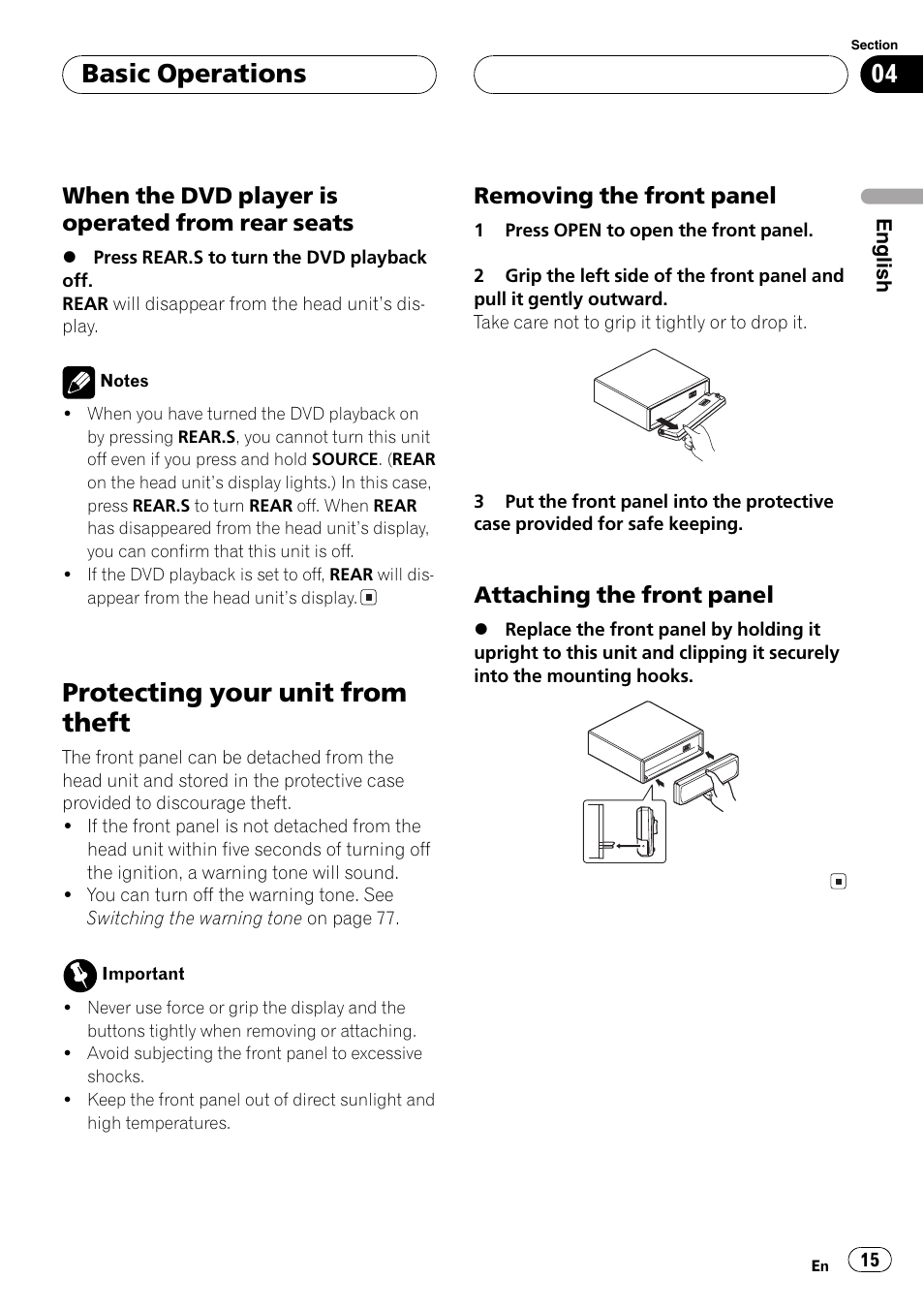 Protecting your unit from theft 15, Protecting your unit from theft, Basic operations | Pioneer DVH-P5000MP User Manual | Page 15 / 204